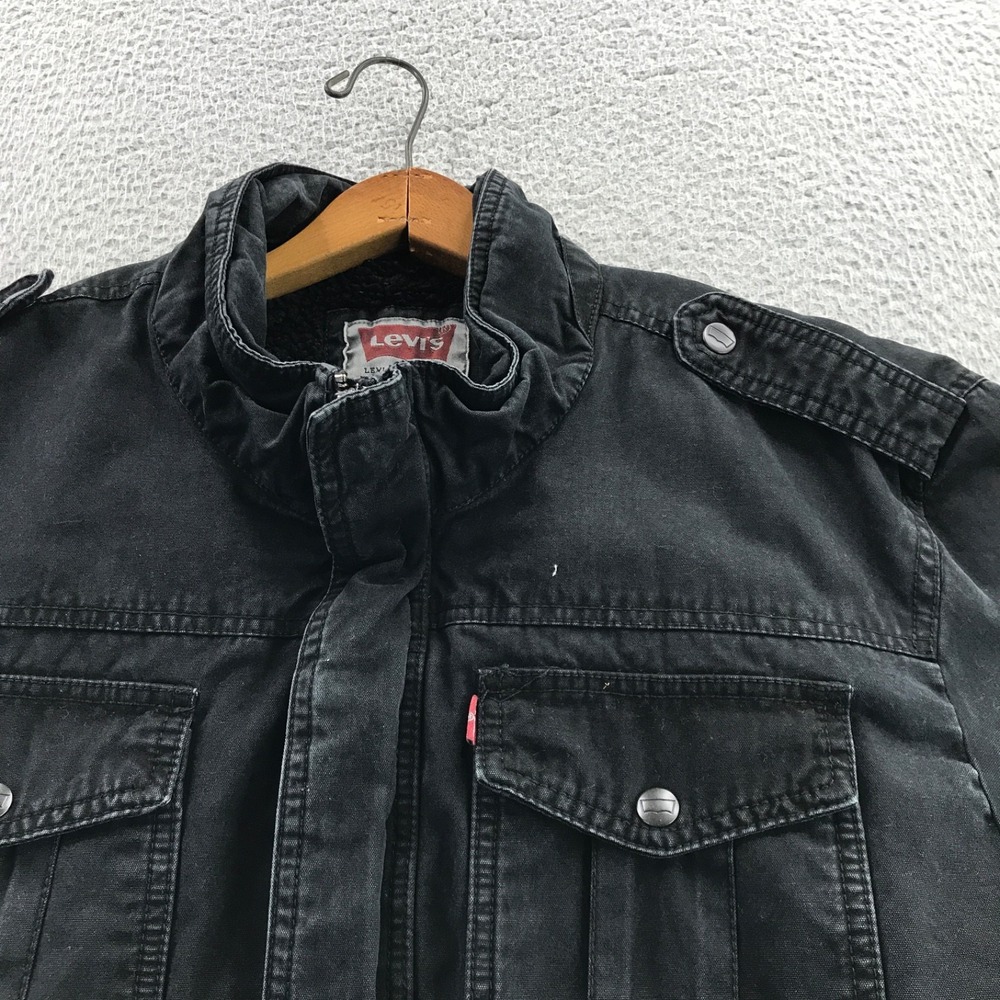 Levis Jacket Mens Large Black Canvas Sherpa Lined Military Grunge Faded Utility